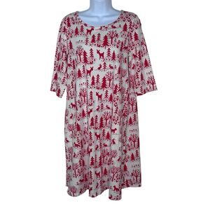 Winter Water Factory SMALL Organic Cotton 3/4 Sleeve Dress Red White Forest Deer